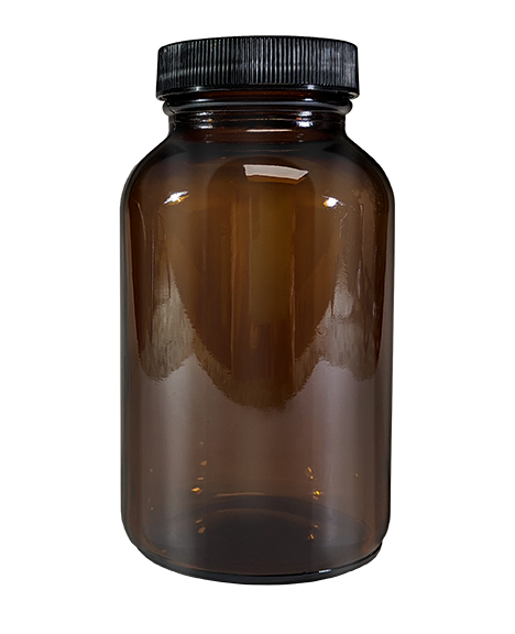 Unlabelled 250cc amber glass supplement bottle.