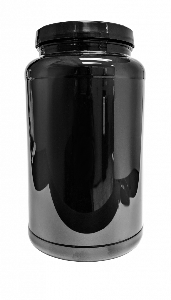 Two pound black PET supplement tub, unlabelled stock packaging.