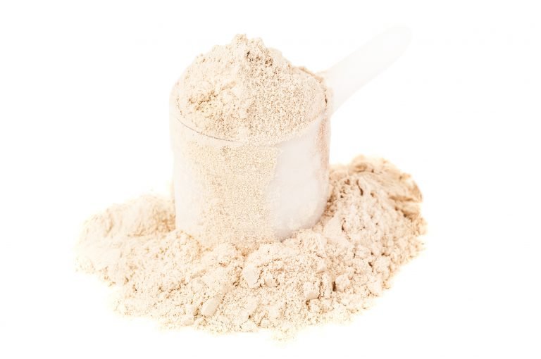 A scoop of vanilla protein powder.